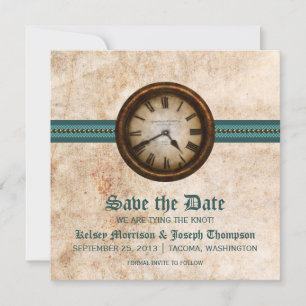Teal Antique Clock Save the Date Announcement