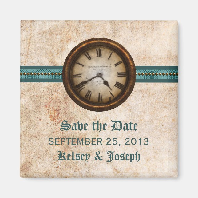 Teal Antique Clock Save the Date Magnet (Front)
