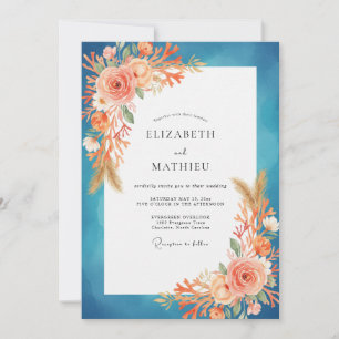 Teal Apricot Painted Wedding Invitation