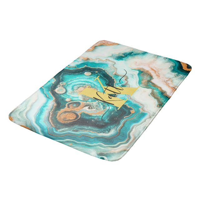 Teal Aqua Agate Golden Custom Modern Monogram Bath Mat (Angled)
