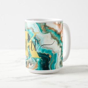 Teal Aqua Agate Golden Custom Modern Monogram Coffee Mug