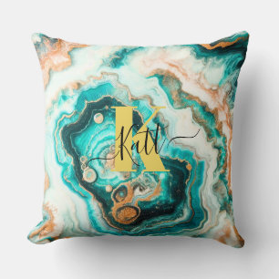 Teal Aqua Agate Golden Custom Modern Monogram Cushion