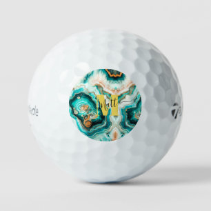 Teal Aqua Agate Golden Custom Modern Monogram Golf Balls