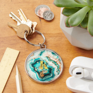 Teal Aqua Agate Golden Custom Modern Monogram Key Ring