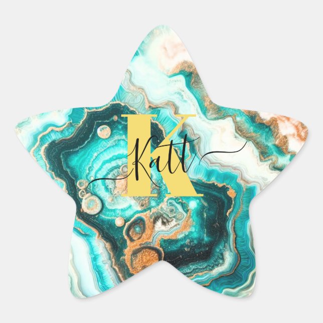 Teal Aqua Agate Golden Custom Modern Monogram Star Sticker (Front)