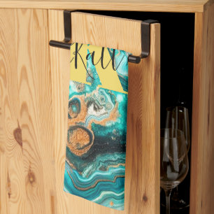 Teal Aqua Agate Golden Custom Modern Monogram Tea Towel