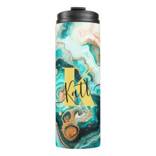 Teal Aqua Agate Golden Custom Modern Monogram Thermal Tumbler