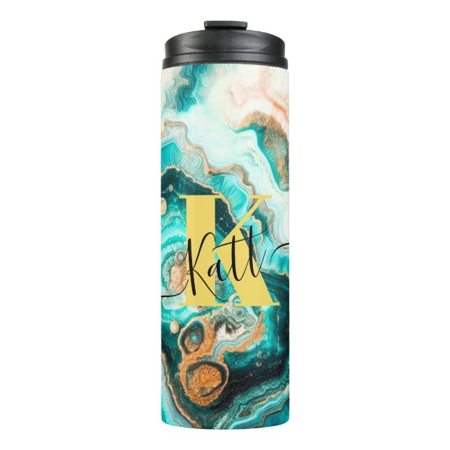 Teal Aqua Agate Golden Custom Modern Monogram Thermal Tumbler (Front)