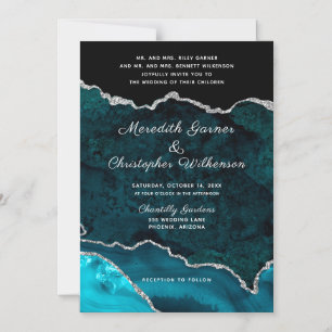 Teal Aqua Agate Silver Glitter Wedding Magnetic Invitation