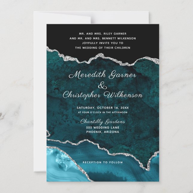 Teal Aqua Agate Silver Glitter Wedding Magnetic Invitation (Front)
