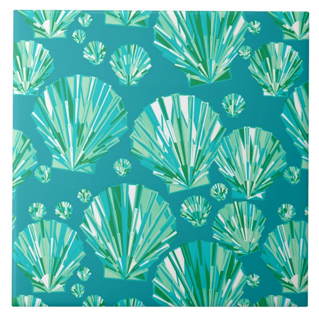 Teal, Aqua and Turquoise Sea Shells Ceramic Tile (Front)