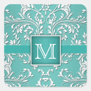 Teal Aqua and White Damask Monogram Square Sticker