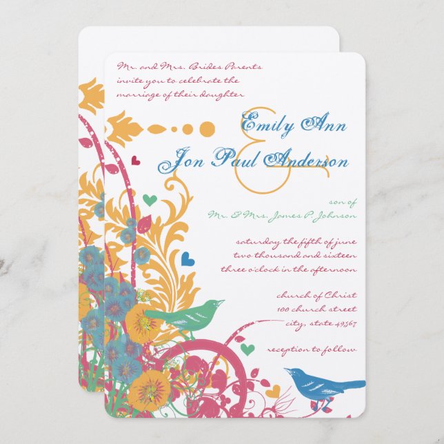 Teal Aqua Beeswax Raspberry Green Lovebird Wedding Invitation (Front/Back)