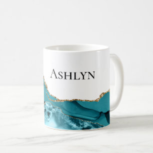 Teal Aqua Blue Agate Gold Glitzy Glitter Coffee Mug