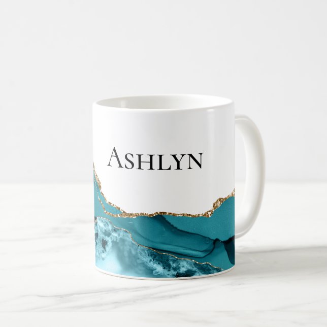 Teal Aqua Blue Agate Gold Glitzy Glitter Coffee Mug (Front Right)