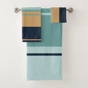 Teal Aqua Blue and Gold Stripes Bath Towel Set