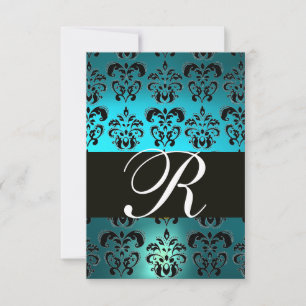 TEAL AQUA BLUE BLACK DAMASK MONOGRAM RSVP CARD