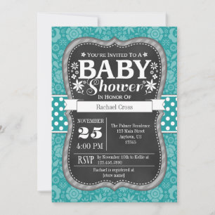 Teal Aqua Blue Chalkboard Floral Baby Shower Invitation