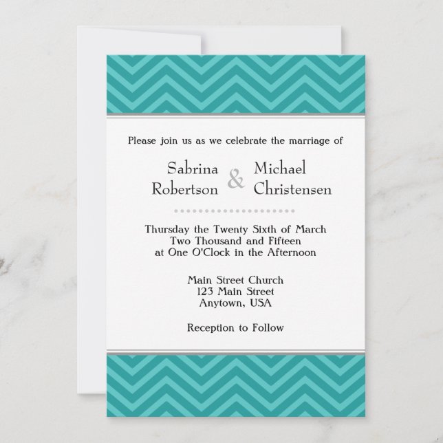 Teal Aqua Blue Chevron Wedding Invitations (Front)