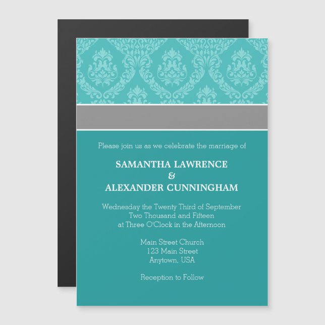 Teal Aqua Blue Damask Magnetic Wedding Invitation (Front/Back)