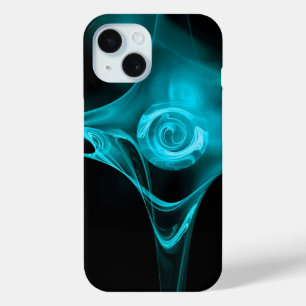TEAL AQUA BLUE FRACTAL ROSE IN BLACK iPhone 15 CASE