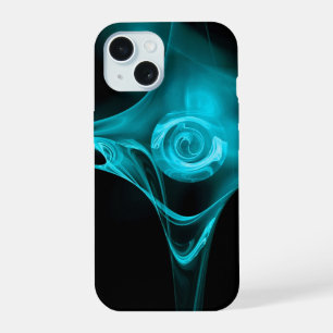 TEAL AQUA BLUE FRACTAL ROSE IN BLACK iPhone 15 CASE