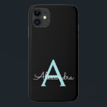 Teal Aqua Blue Girly Script Monogram Name Modern iPhone 11 Case<br><div class="desc">Teal Aqua Blue and Black Monogram Add Your Own Name Phone Case. This makes the perfect sweet 16 birthday,  wedding,  bridal shower,  anniversary,  baby shower or bachelorette party gift for someone that loves glam luxury and chic styles.</div>