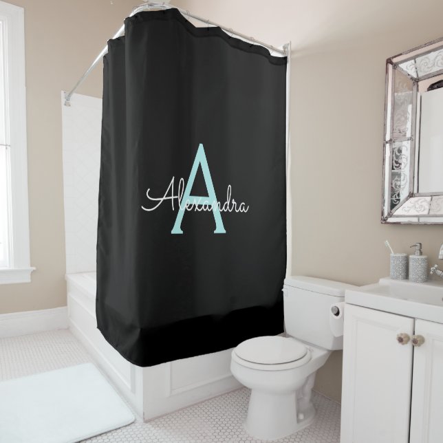 Teal Aqua Blue Girly Script Monogram Name Modern Shower Curtain (In Situ)