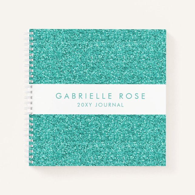 Teal Aqua Blue Glitter Journal Notebook with Name (Front)