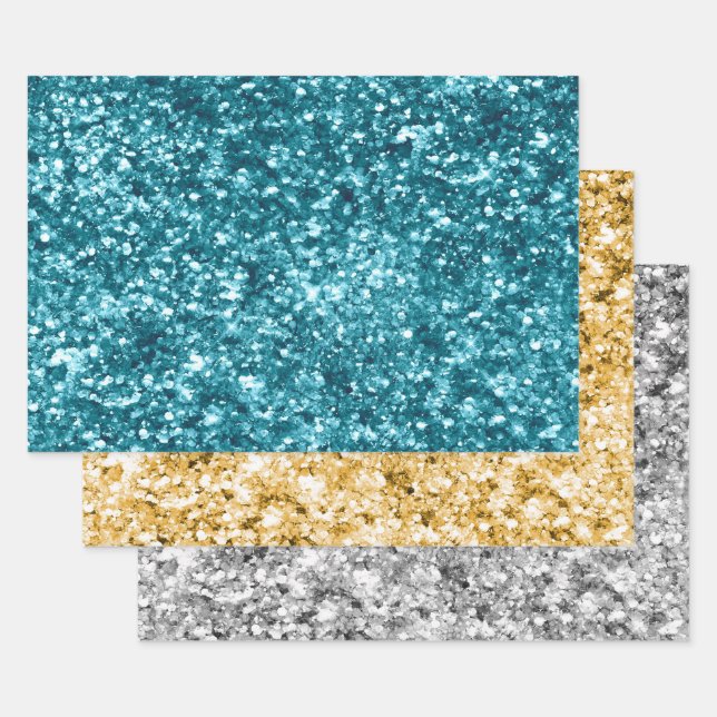 Teal Aqua Blue Glitter Sparkle Wrapping Paper Sheet (Set)