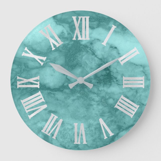 Teal Aqua Blue Gray Silver Roman Numbers Large Clock (Front)
