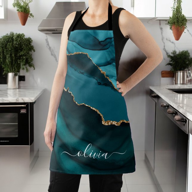 Teal Aqua Blue Green Agate Geode Gold Monogram Apron (Creator Uploaded)