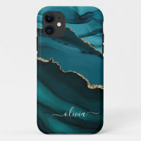 Teal Aqua Blue Green Agate Geode Gold Monogram