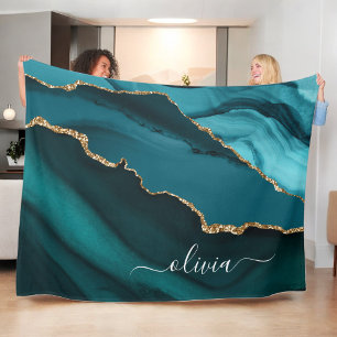 Teal Aqua Blue Green Agate Geode Gold Monogram Fleece Blanket
