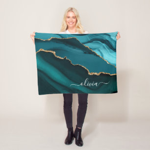Teal Aqua Blue Green Agate Geode Gold Monogram Fleece Blanket