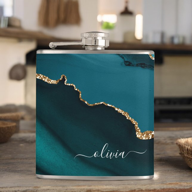 Teal Aqua Blue Green Agate Geode Gold Monogram Hip Flask (Creator Uploaded)