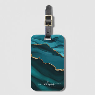 Teal Aqua Blue Green Agate Geode Gold Monogram Luggage Tag