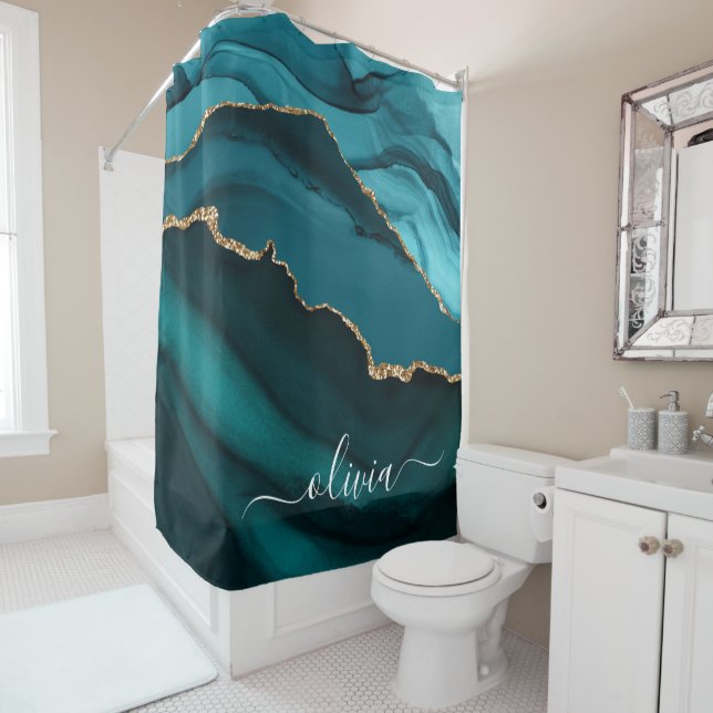 Teal Aqua Blue Green Agate Geode Gold Monogram Shower Curtain (In Situ)