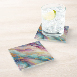 Teal Aqua Blue Purple Pink Gold Marble Art Pattern Glass Coaster