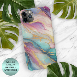 Teal Aqua Blue Purple Pink Gold Marble Art Pattern iPhone 15 Pro Max Case