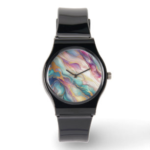 Teal Aqua Blue Purple Pink Gold Marble Art Pattern Watch
