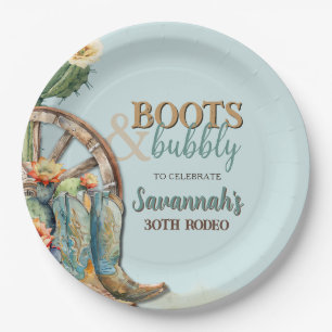 Teal Aqua Blue Rodeo Cowgirl Western Birthday Paper Plate