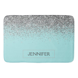 Teal Aqua Blue Silver Glitter Girly Monogram Name Bath Mat
