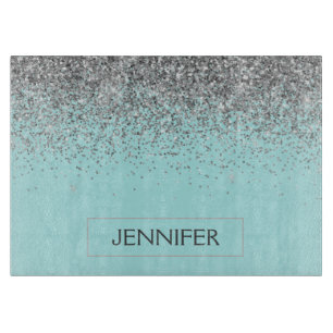 Teal Aqua Blue Silver Glitter Girly Monogram Name Cutting Board