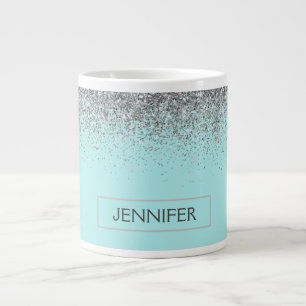 Teal Aqua Blue Silver Glitter Girly Monogram Name Large Coffee Mug