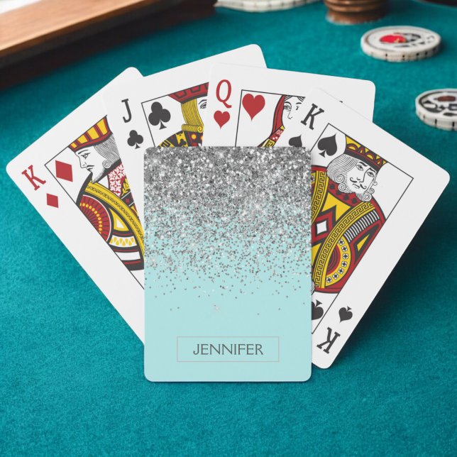 Teal Aqua Blue Silver Glitter Girly Monogram Name Playing Cards (Creator Uploaded)