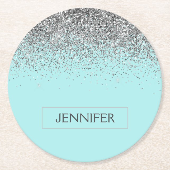 Teal Aqua Blue Silver Glitter Girly Monogram Name Round Paper Coaster (Front)