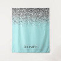 Teal Aqua Blue Silver Glitter Girly Monogram Name