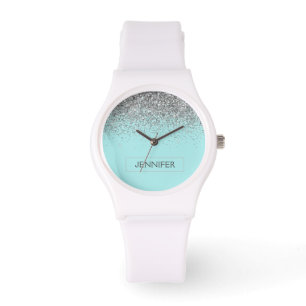 Teal Aqua Blue Silver Glitter Girly Monogram Name Watch