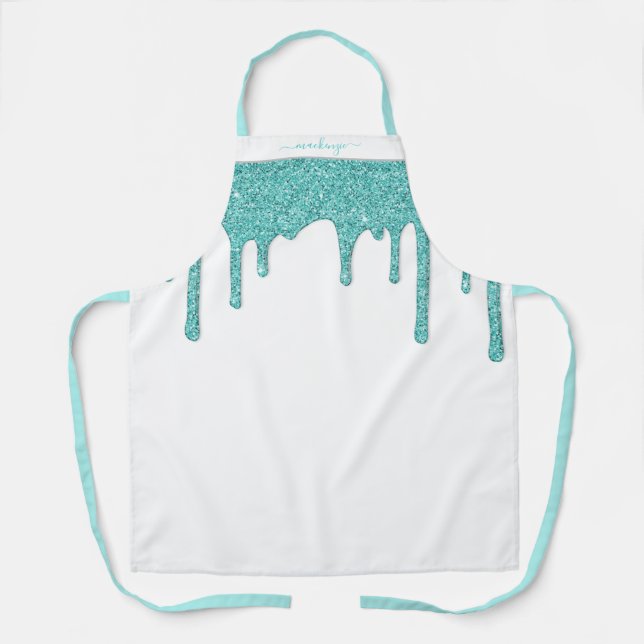 Teal Aqua Blue Sparkle Dripping Glitter Apron (Front)